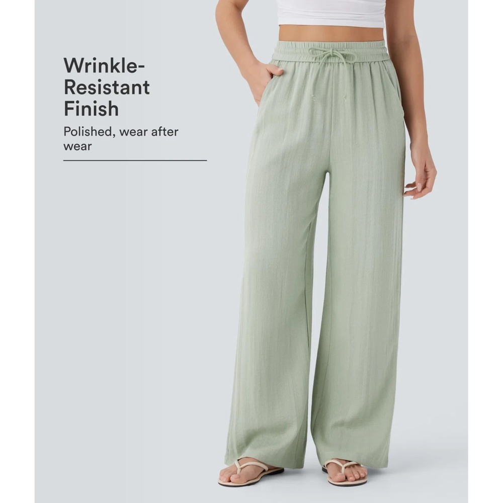 Halara High Waisted Drawstring Pocket Wide Leg Baggy Casual Linen-Feel Pants Sm